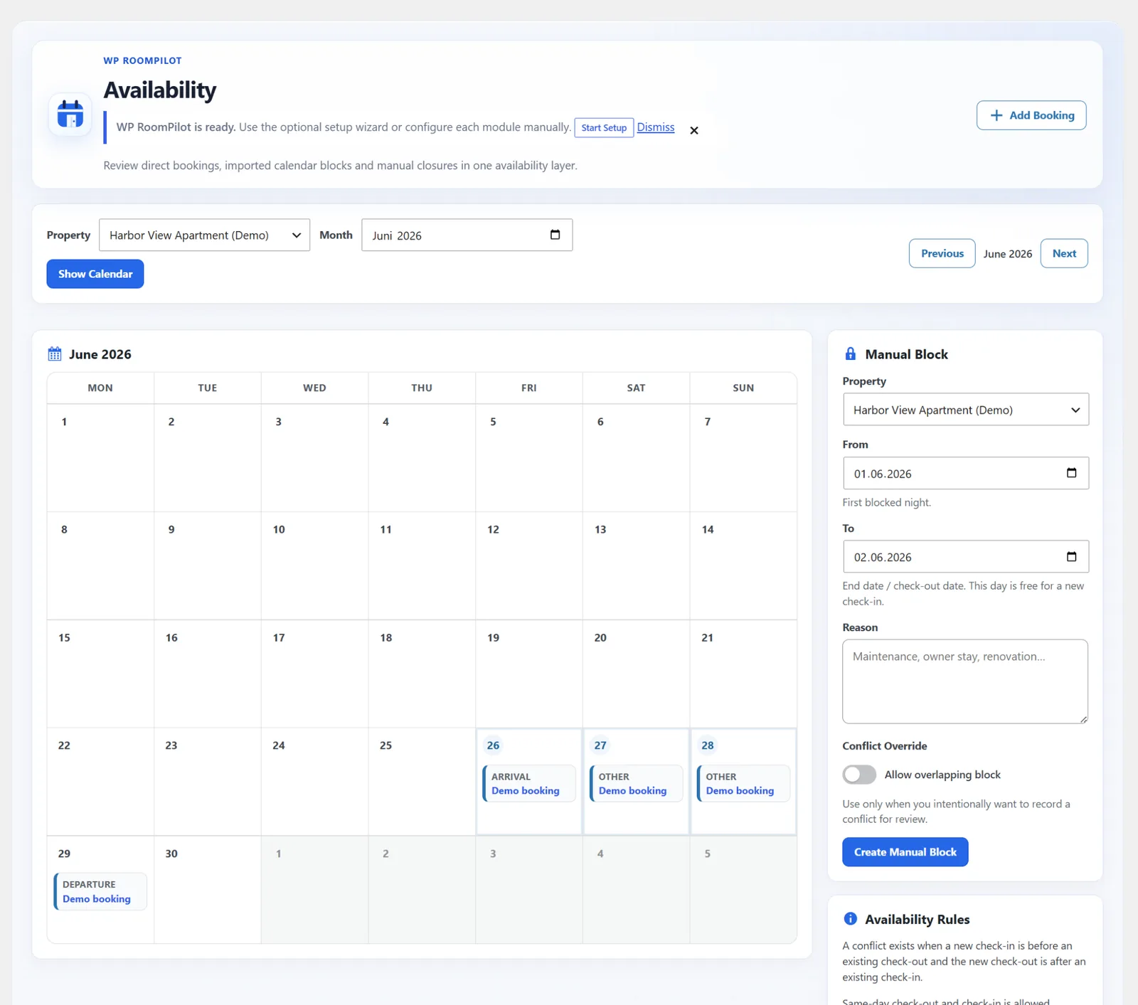 RoomPilot availability calendar