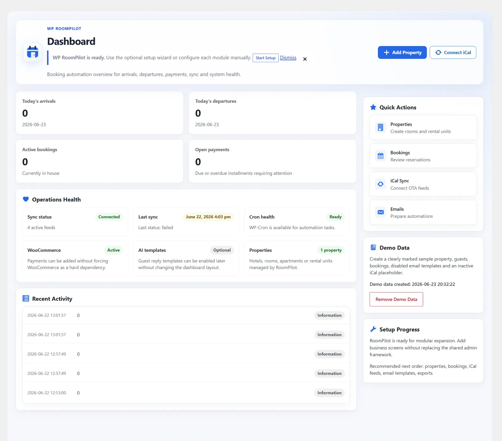 WP RoomPilot dashboard